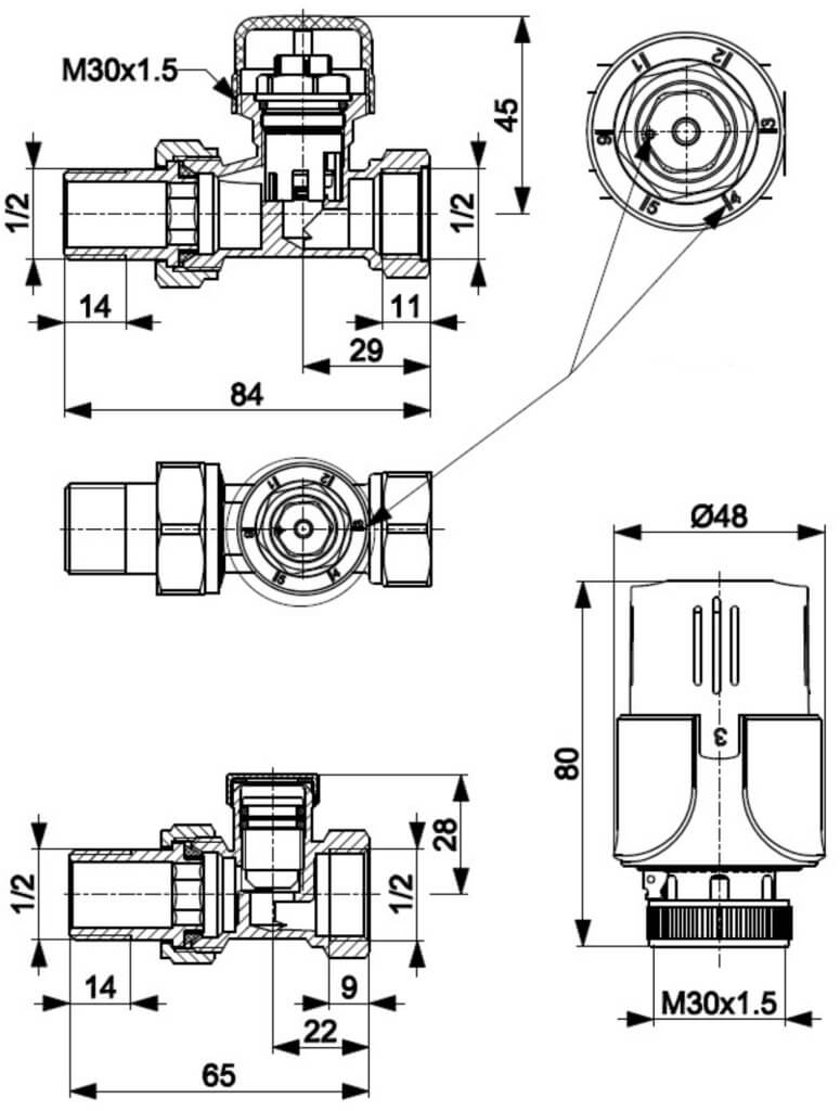 KFA Sada priamych ventilov na radiátor s hlavicou, 757-040-07-BL, rozmery